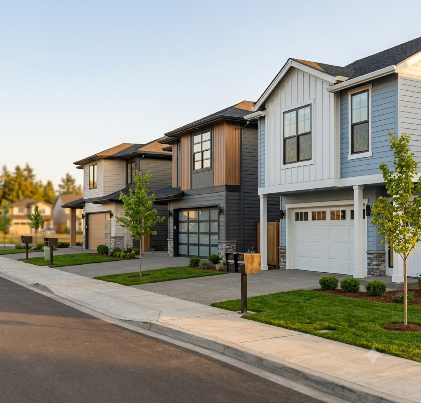 A streetscape of modern Southern homes at Highland Springs — mixed siding, cedar accents, black-framed windows, stone details, and bold rooflines along a landscaped street