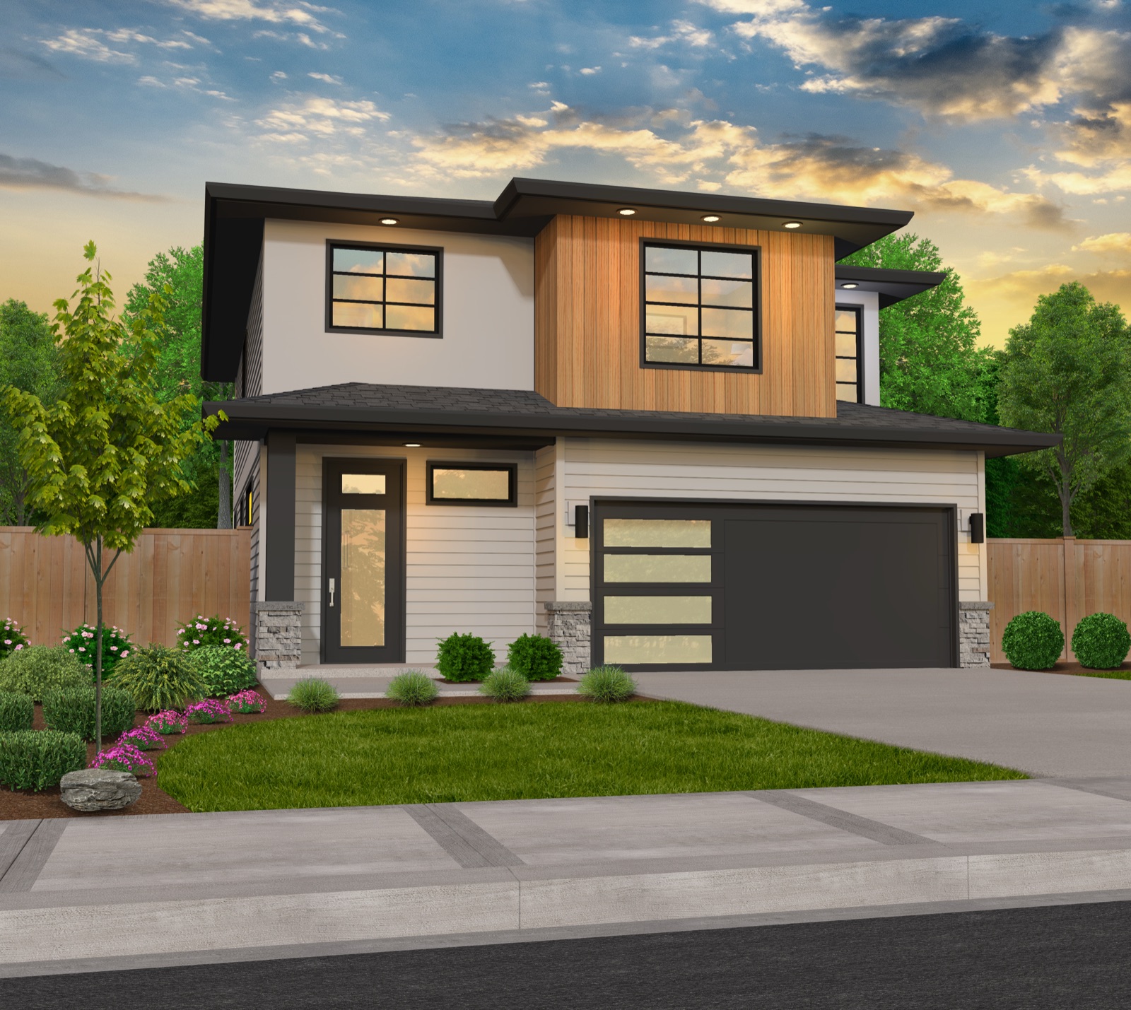 Modern Southern home exterior with mixed siding, cedar-toned wood accents, black-framed windows and a bold flat roofline