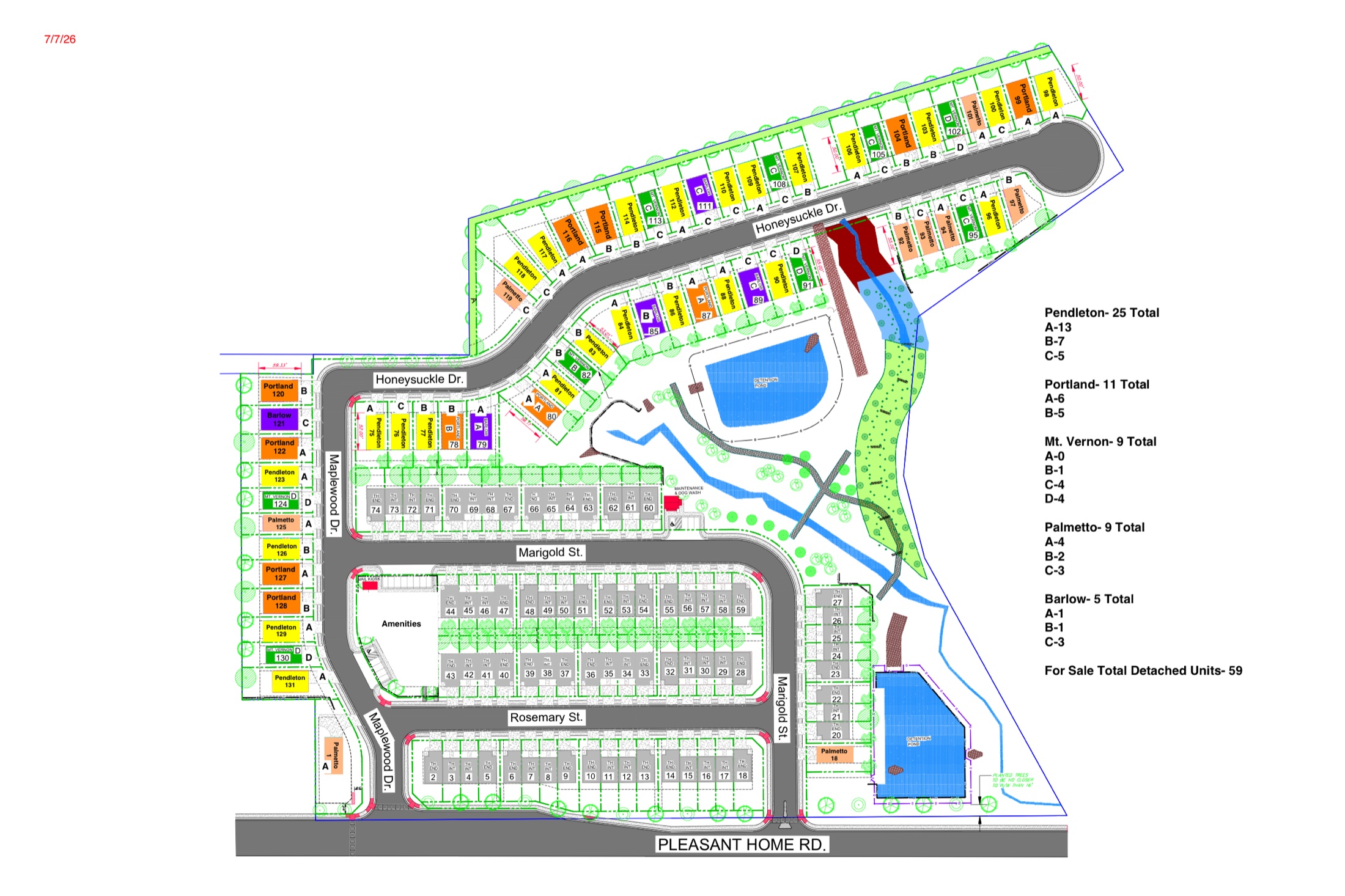 Highland Springs community site plan showing homesites along Pleasant Home Road